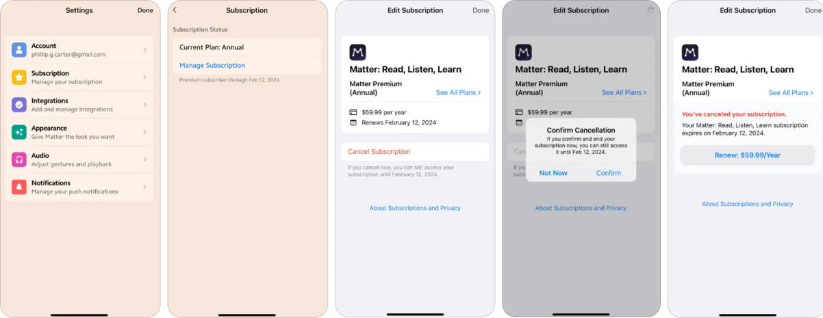 Matter subscription cancellation flow