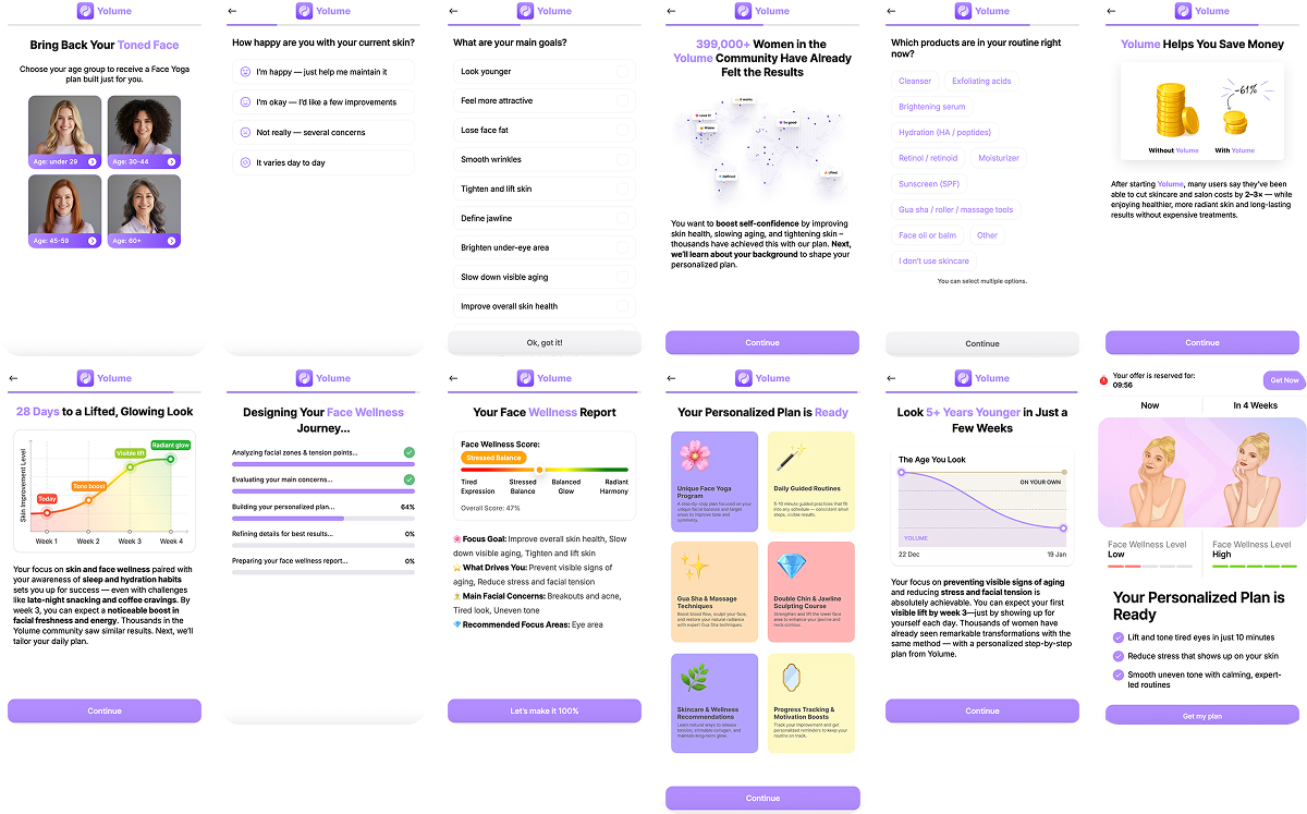 Elements of Yolume’s web2app funnel built in FunnelFox