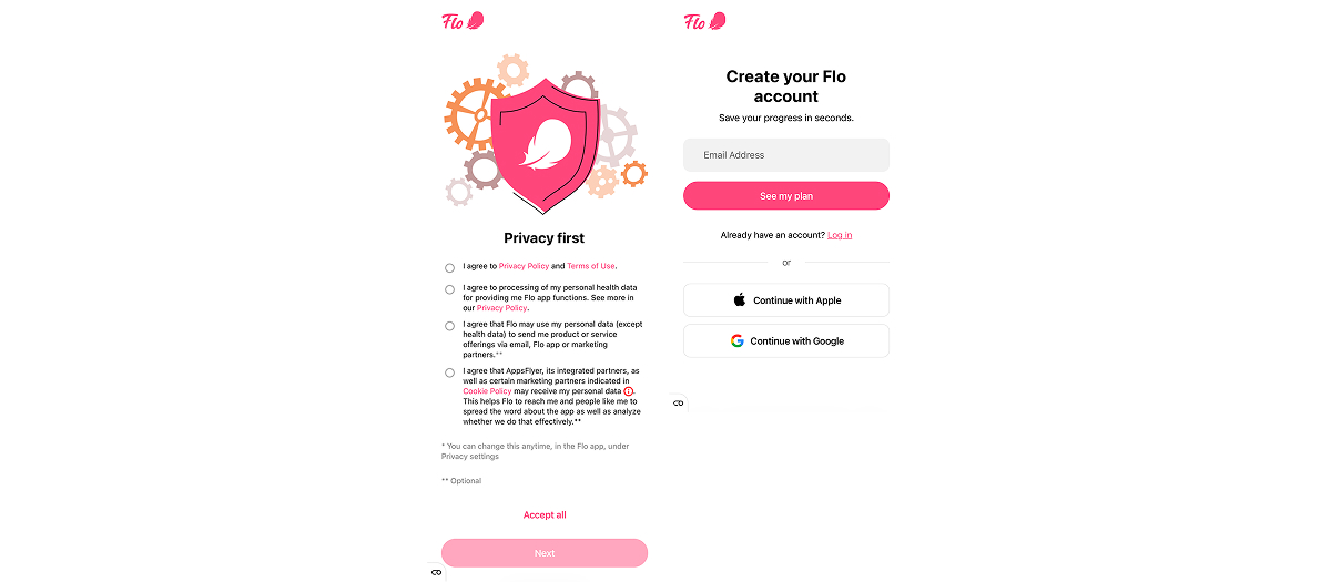 privacy and consent screens in web2app funnel