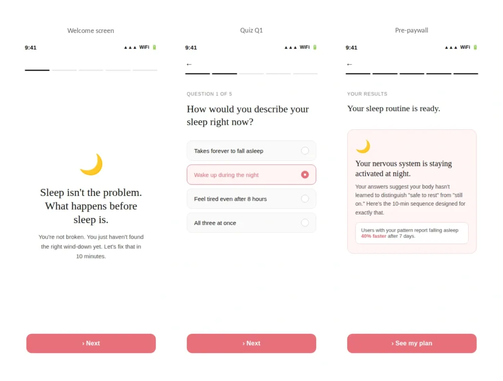 Three-screen web2app funnel for a meditation app targeting sleep issues: welcome screen focused on bedtime routine, quiz question about sleep patterns, and personalized pre-paywall results screen