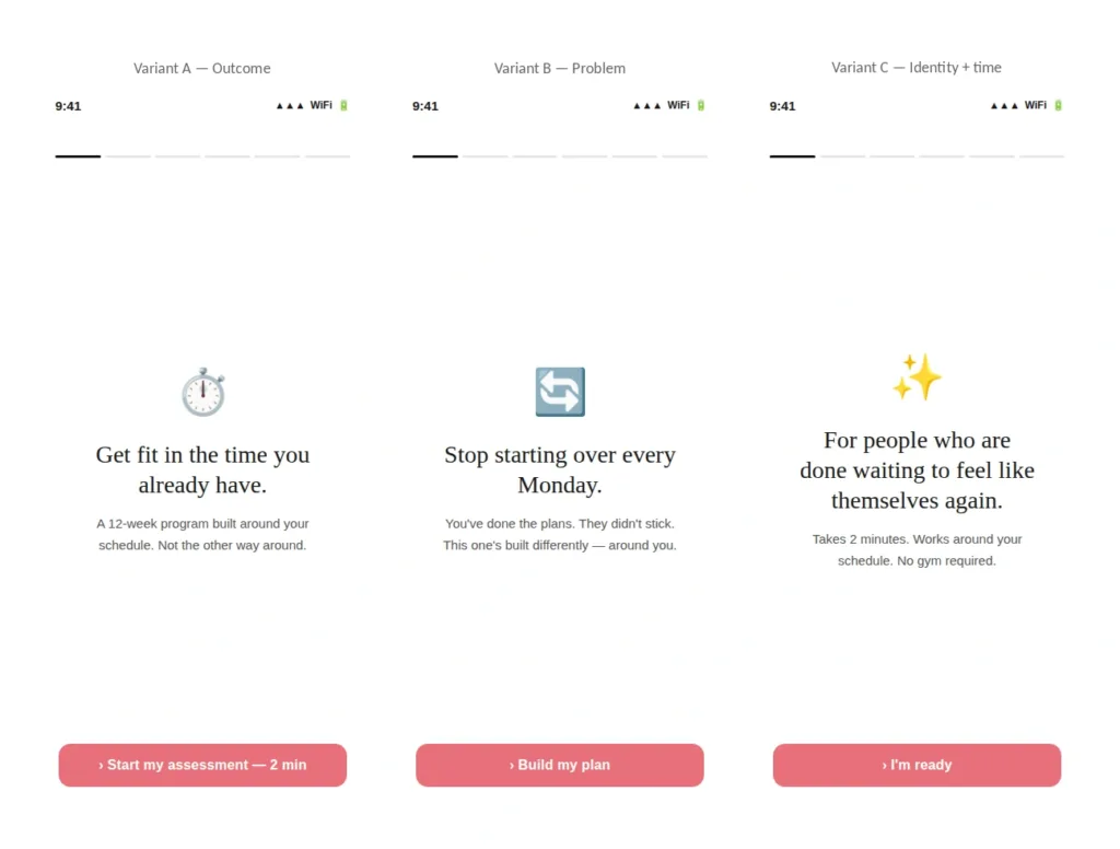 Three welcome screen variants for a fitness app: outcome framing, problem framing, and identity-based framing