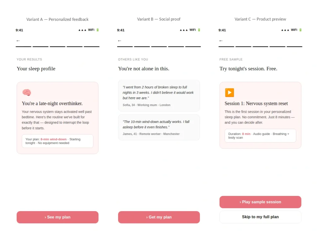 Three pre-paywall screen variants for a sleep and wellness app: personalized feedback based on quiz answers, social proof with user testimonials, and a free product preview