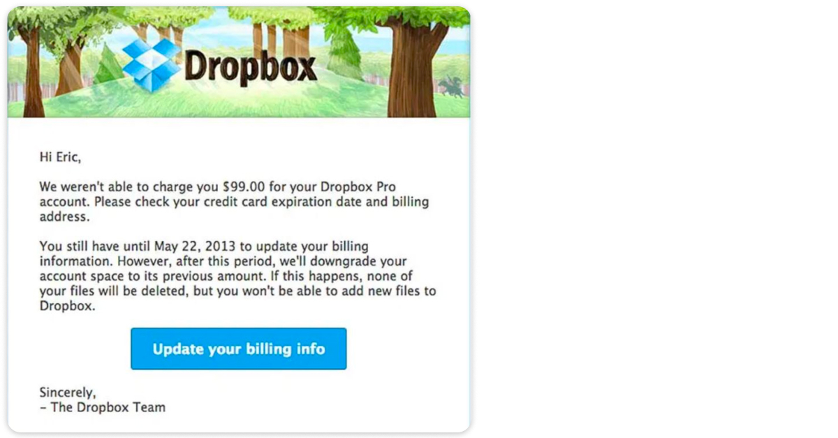 Dropbox failed-payment email stating the exact amount and plan, with an "Update your billing info" CTA