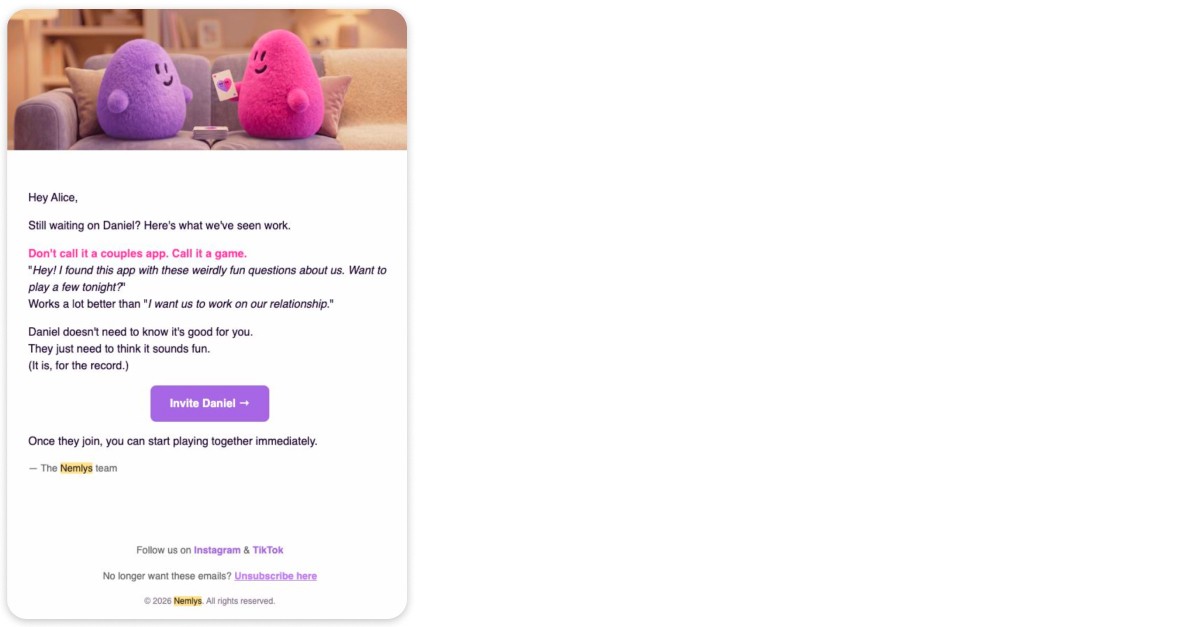 Everlove activation email prompting the user to invite their partner, with a ready-to-send script and one CTA