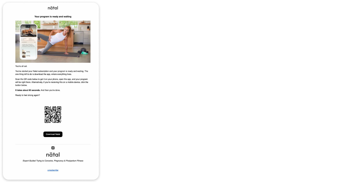 Natal post-purchase activation email with a QR code and app-download button, sent one hour after web checkout