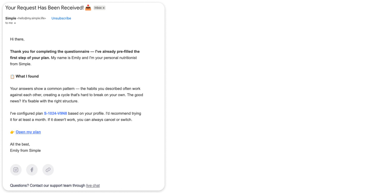 Simple's abandoned-quiz email, signed by a named nutritionist, with a pre-filled plan and an "Open my plan" CTA