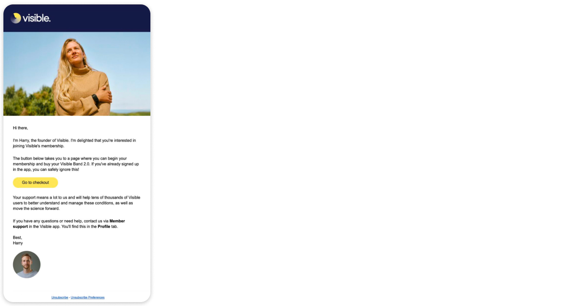 Visible's founder-signed checkout-abandonment email with a real photo, framing the purchase as funding research